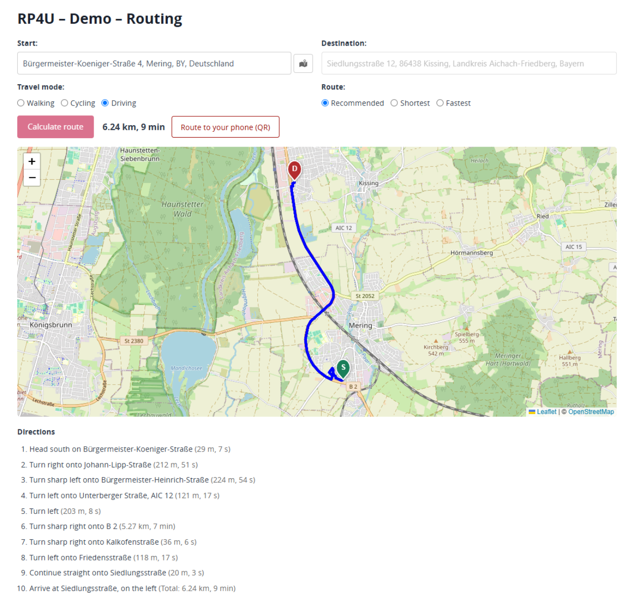 The front-end route planner: start and destination with address autocomplete, travel mode and route preference — the calculated route on the map with numbered pins and turn-by-turn directions in the site language.