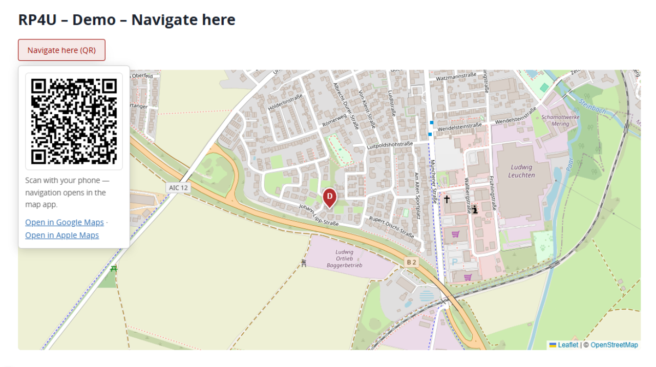 "Navigate here (QR)": maps with a fixed destination offer a QR code — visitors scan it and their phone starts navigating from their current location. Works without any API key.