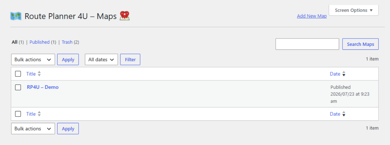 All maps at a glance: manage any number of maps in the backend and embed each one with its shortcode.