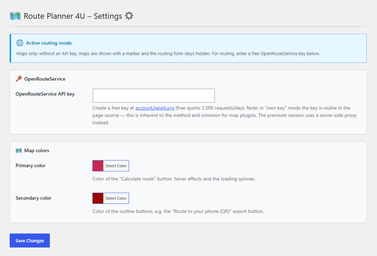 Settings: enter your free OpenRouteService key to enable routing and adjust the plugin colors with the WordPress color picker.