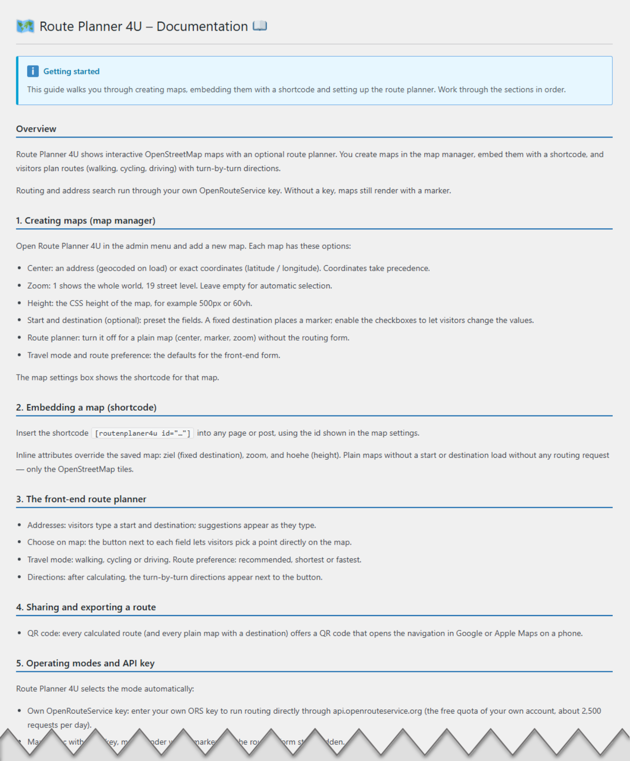 The built-in documentation: a step-by-step guide from creating maps to embedding, operating modes and privacy (GDPR).