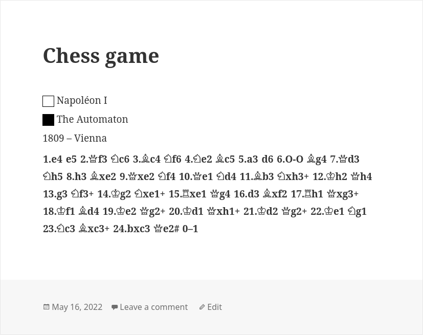 Chess game in a post with the Twenty Fifteen theme.