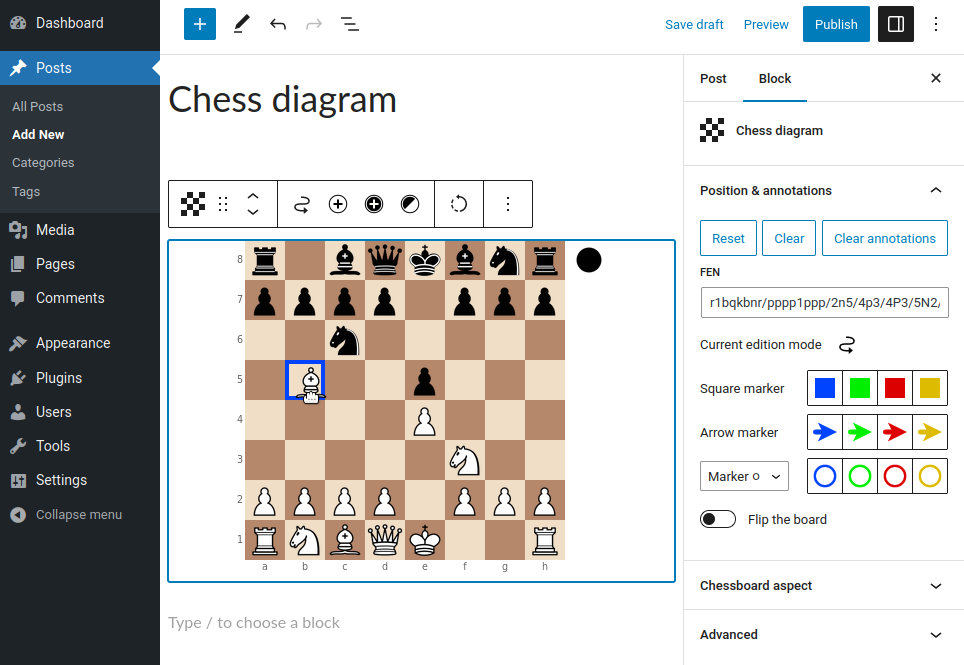 Chess diagram block in the Gutenberg post/page editor.