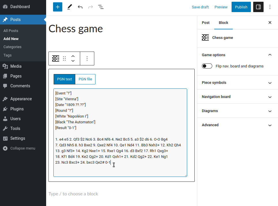 Chess game block in the Gutenberg post/page editor.