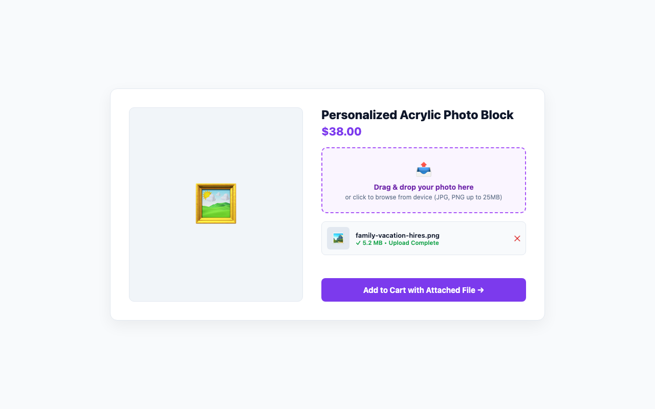 Product Page Dropzone: Clean drag and drop area with instant image preview.