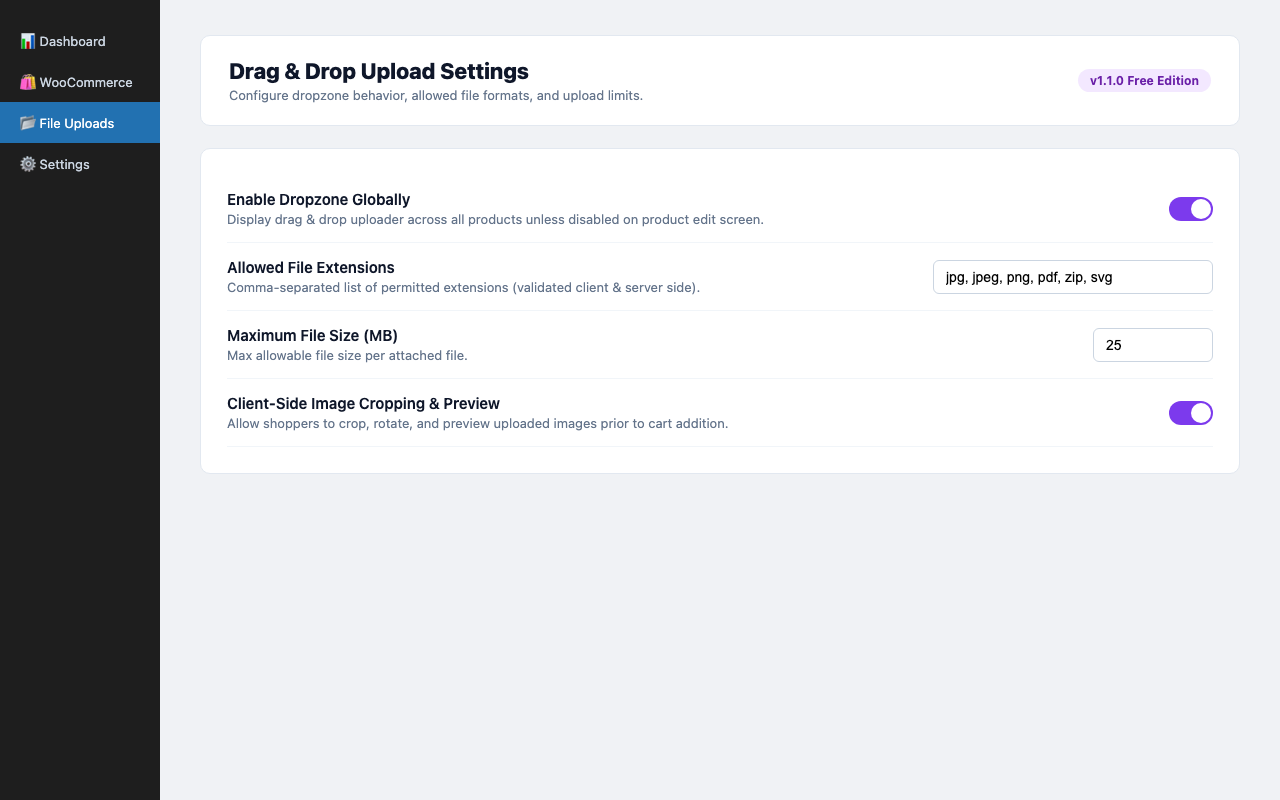 Admin Settings Panel: Easy configuration of allowed file extensions and size limits.