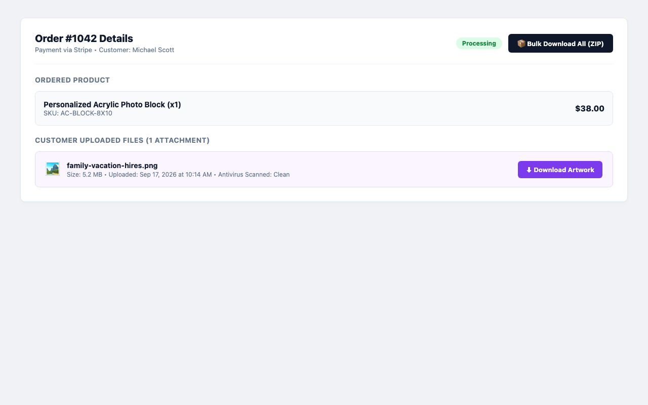 Admin Order Screen: File view and download links on the WooCommerce order details page.