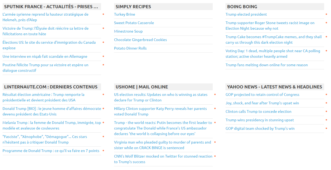 RSS Feed News block who show: 3 columns, 6 feeds, 5 items