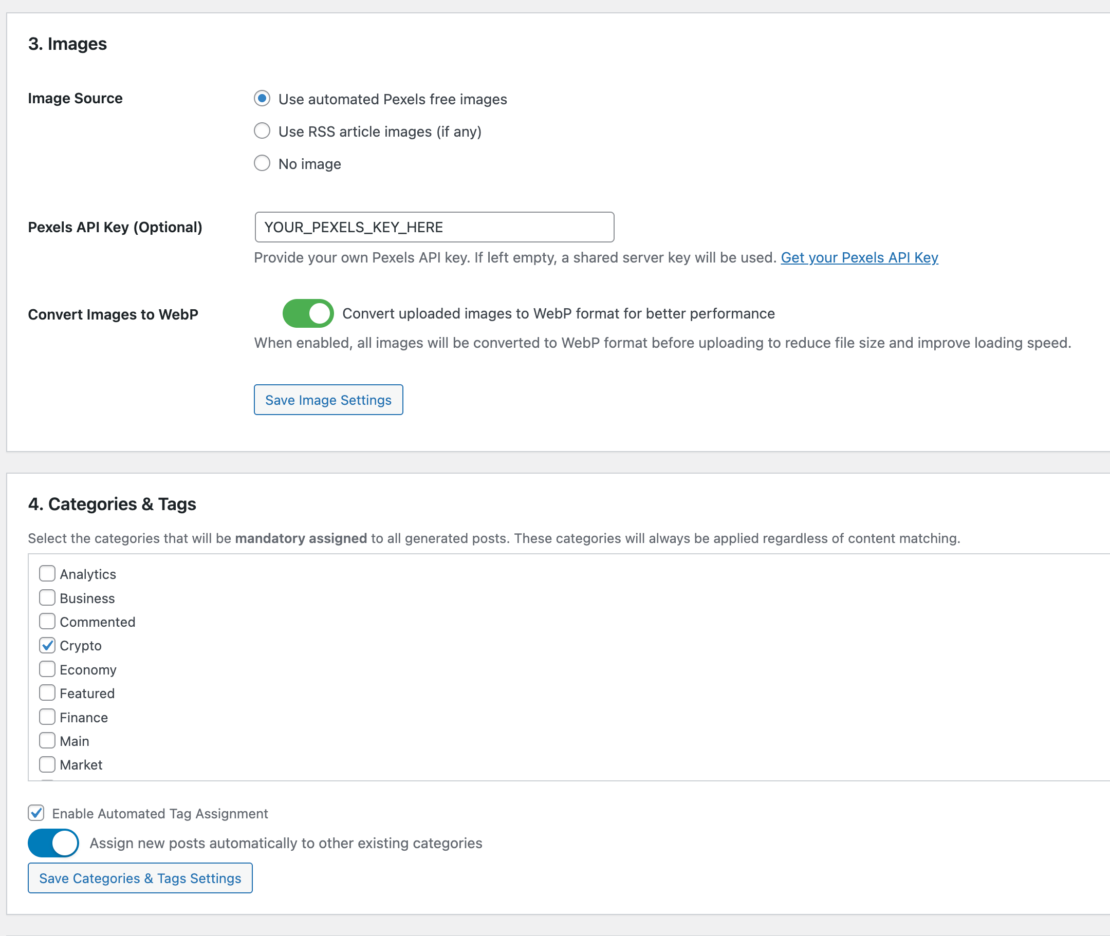 RSS feed configuration and article selection