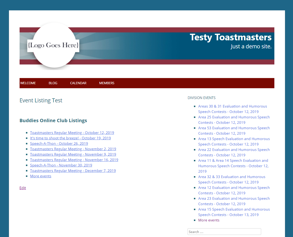 Event listings displayed in the body of a page and also in the sidebar widget.