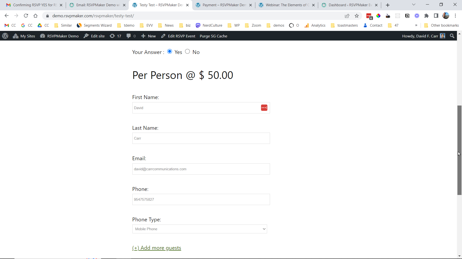 Customizable RSVPMaker registration form.