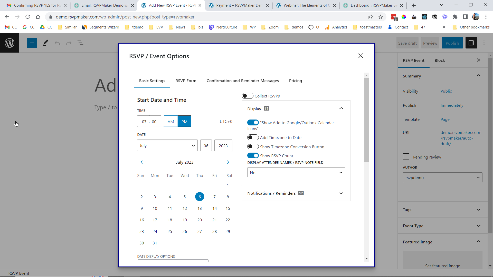 Event options displayed within the WordPress editor. This is where you turn on registration, customize the form, define confirmation and reminder messages, and set pricing (if any).