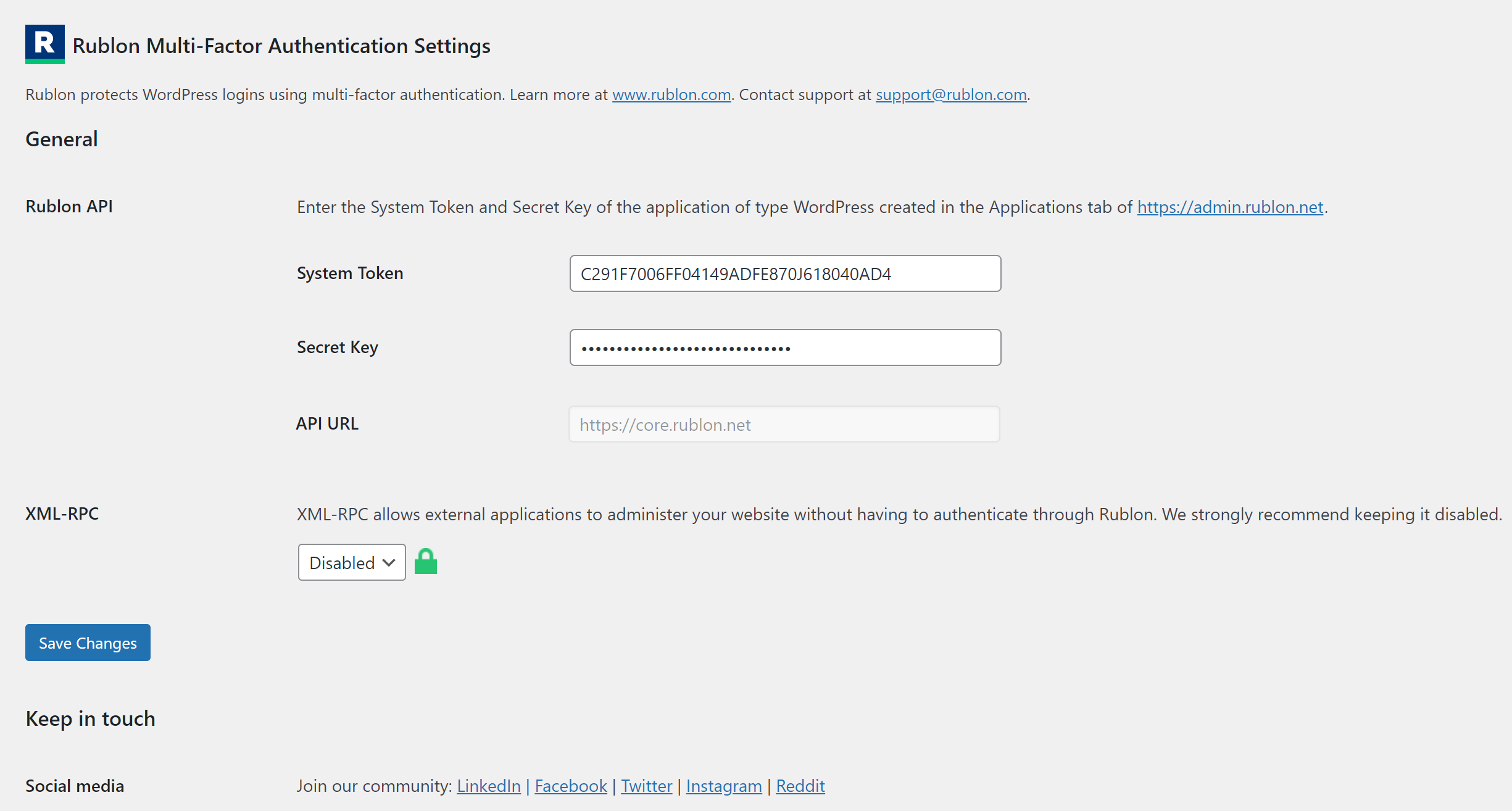 Connect Rublon Multi-Factor Authentication (MFA) with your application in the Rublon Admin Console using the System Token and Secret Key