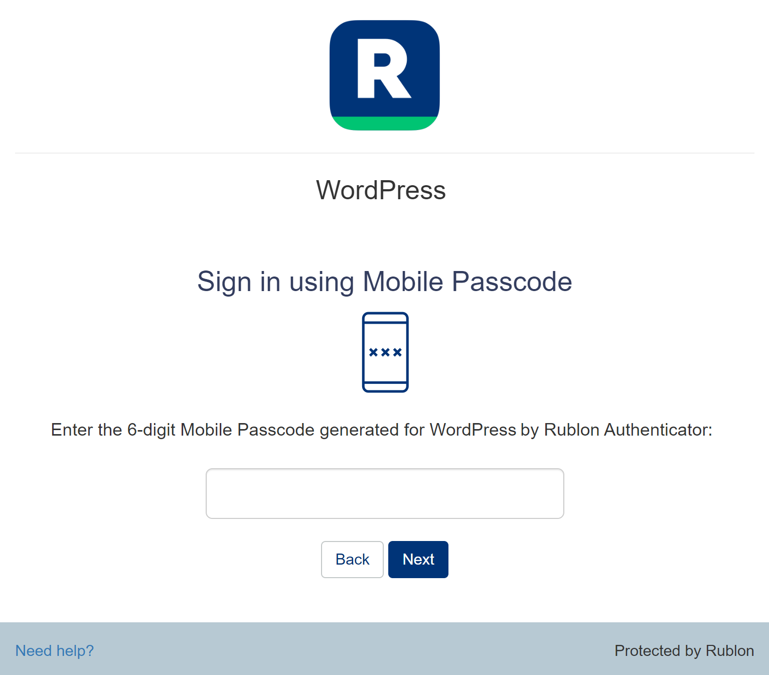 Confirm your identity by entering a Mobile Passcode (TOTP) generated by the Rublon Authenticator mobile app