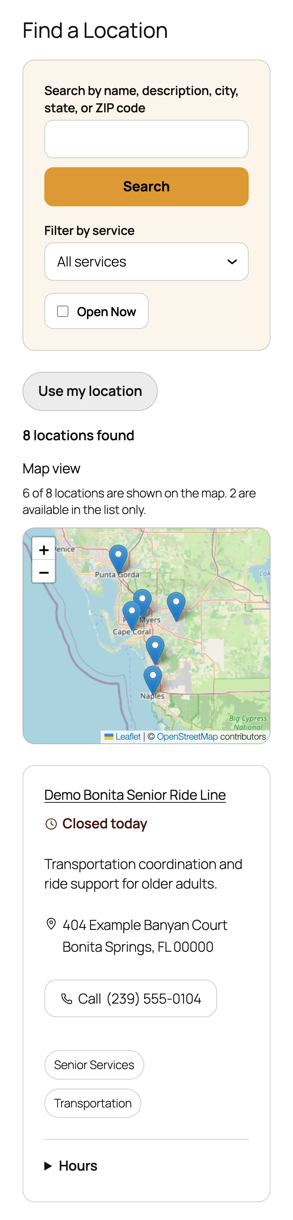 The responsive directory keeps filters, map information, and resource details readable on smaller screens.