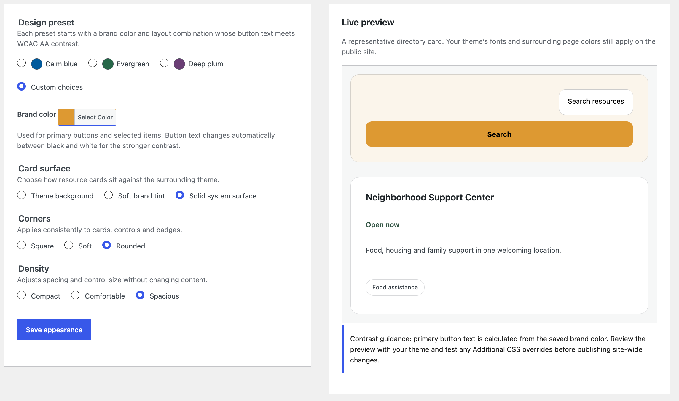 Choose accessible presets, brand colors, card surfaces, corner styles, and spacing with a representative live preview.