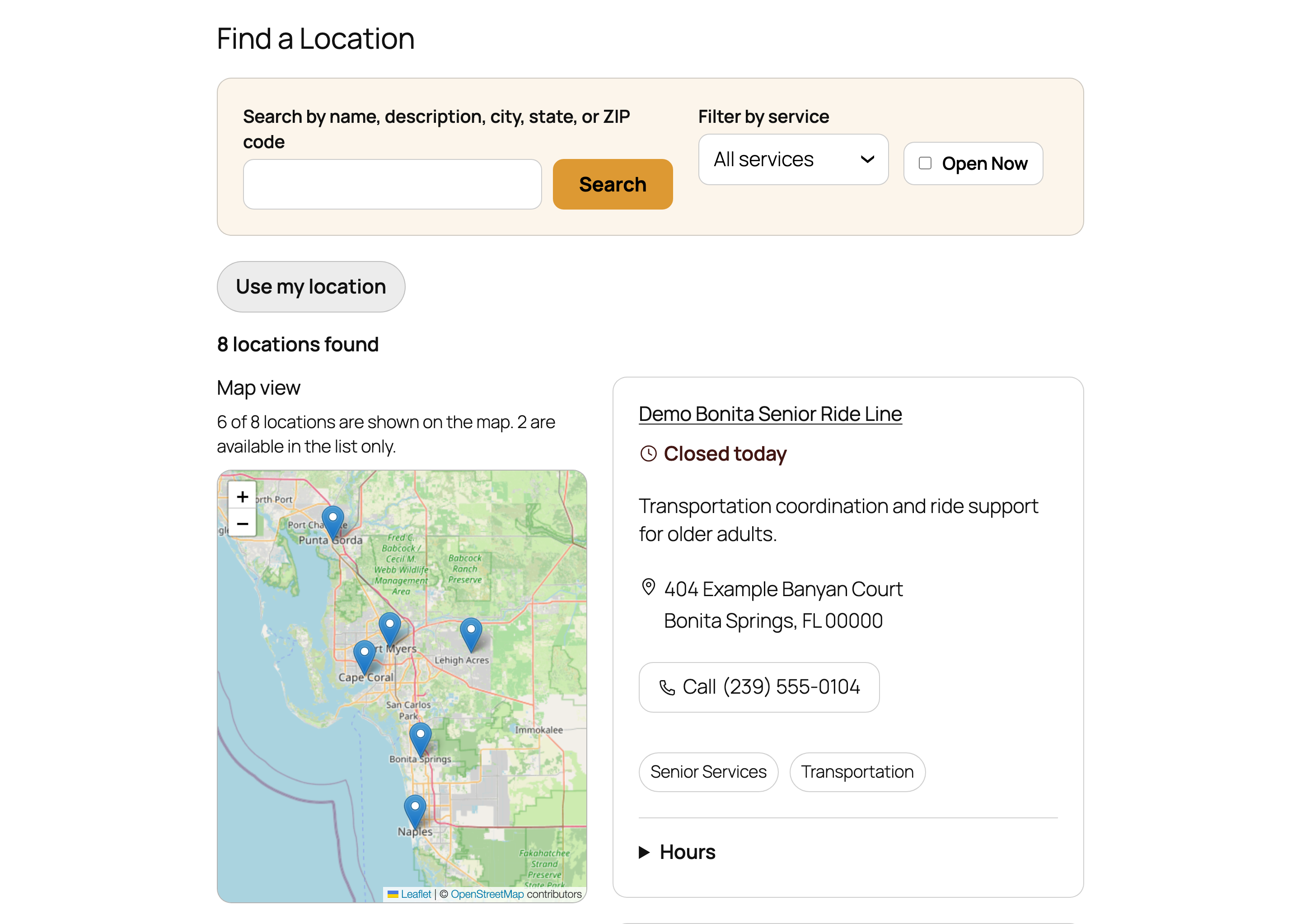 A branded desktop directory combines search, service filtering, map discovery, and clear resource cards.