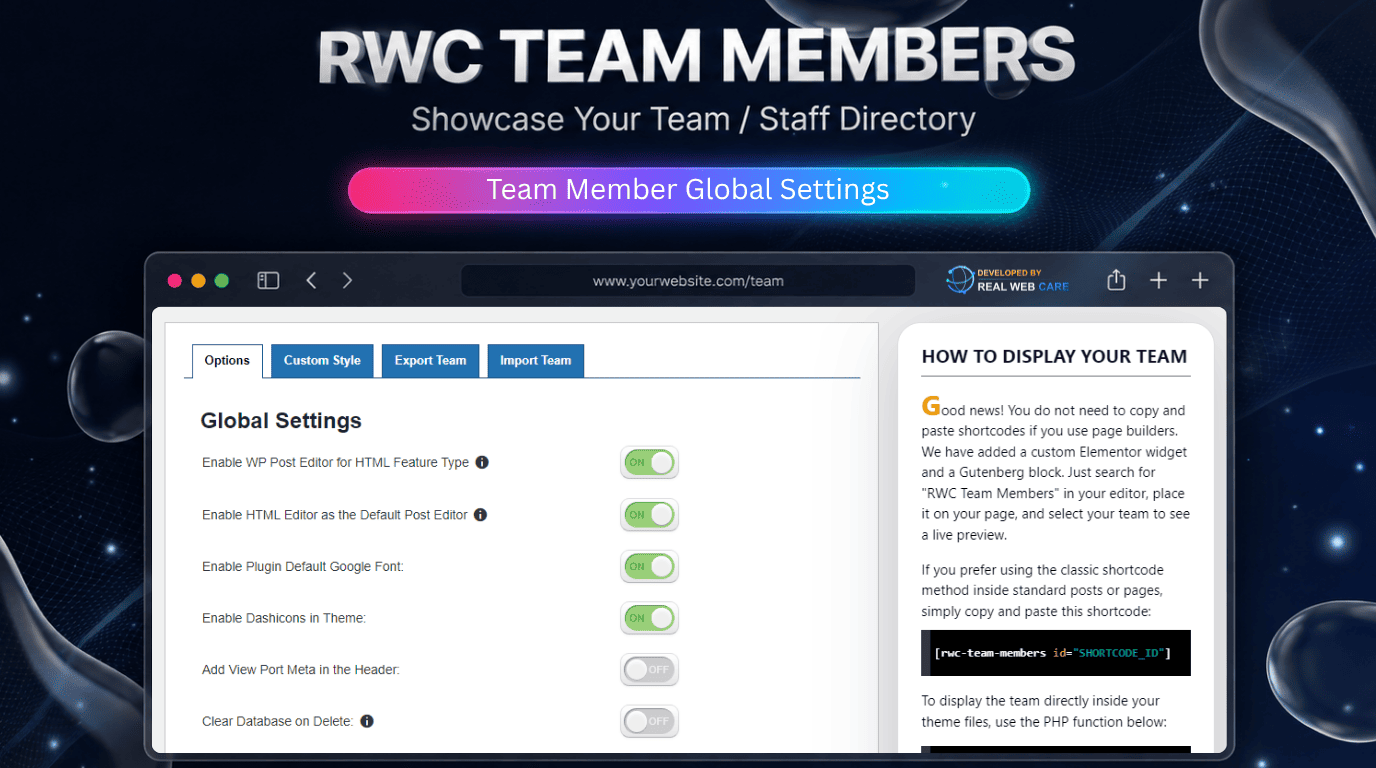 Team Showcase Global Settings