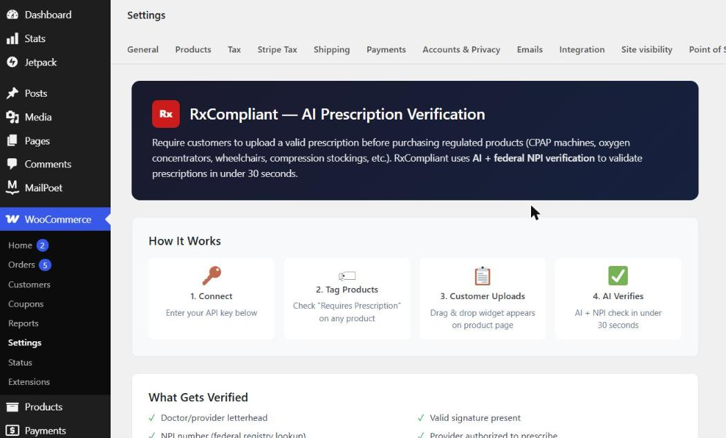 WooCommerce Settings tab with API key configuration and how-it-works guide