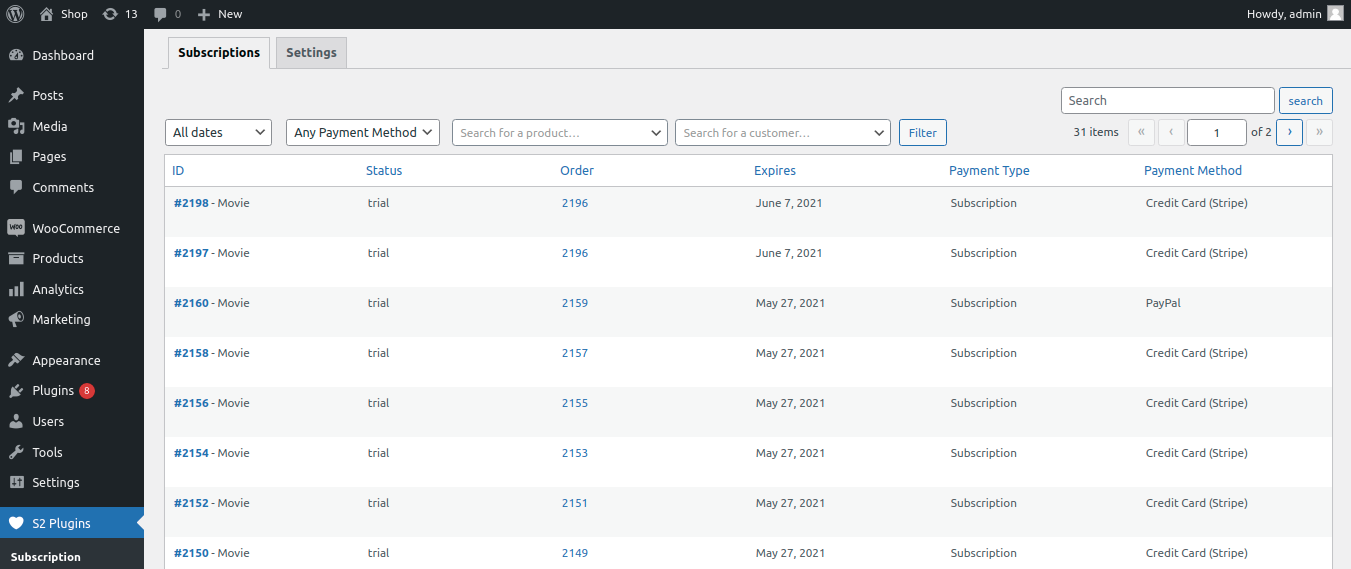 S2 Subscription for WooCommerce - Screenshot 1