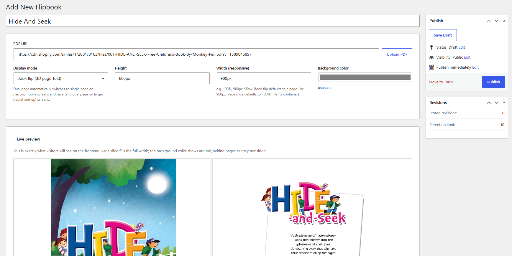 The visual builder — PDF source, display mode, height/width, and background color, with a live preview pane.