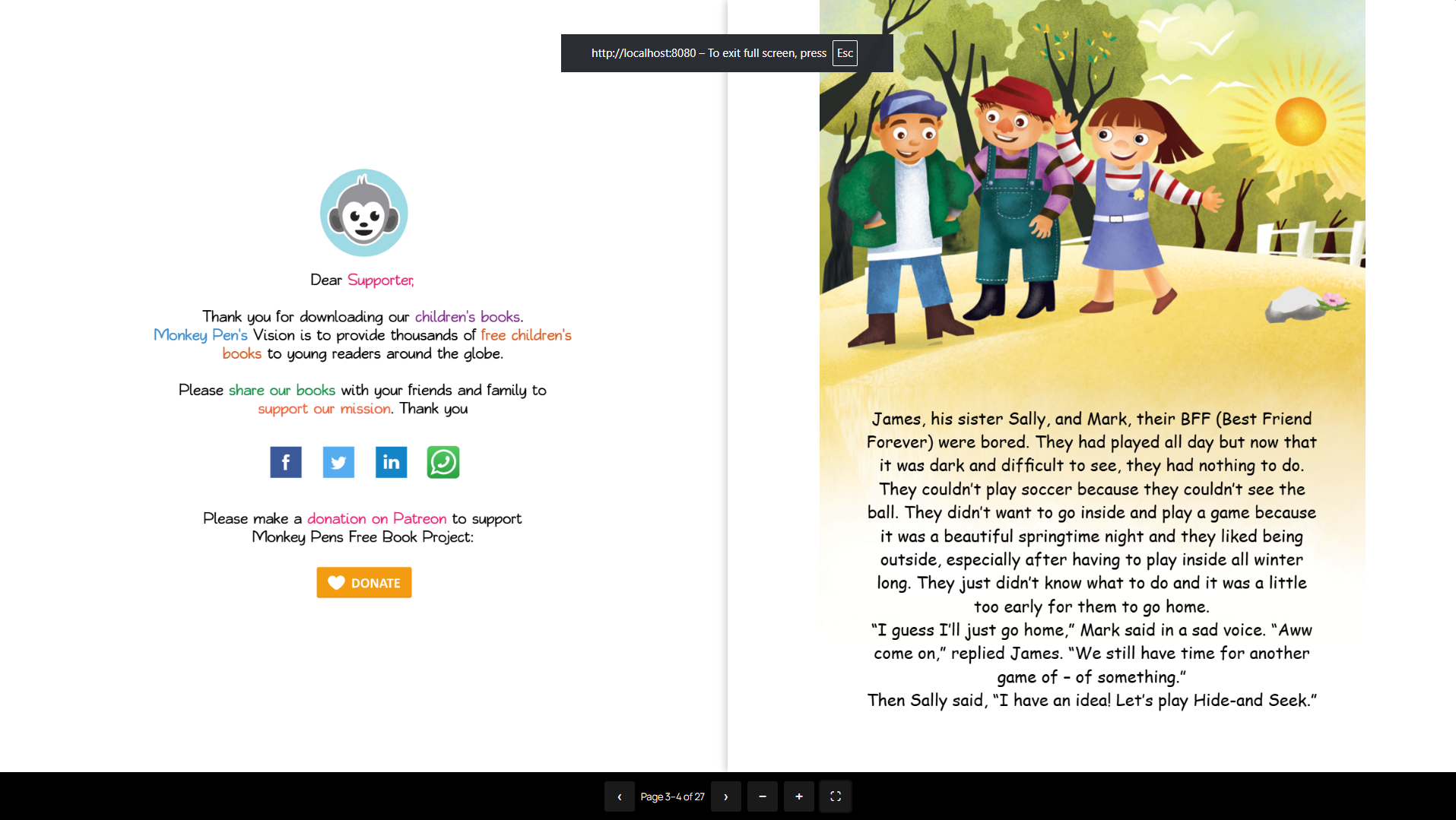 Fullscreen mode with toolbar and click-to-turn.