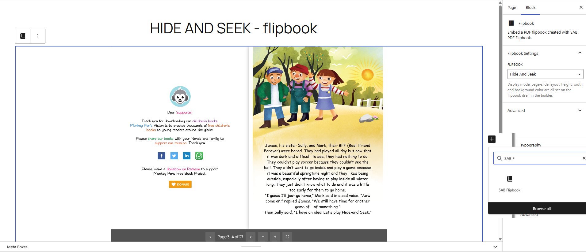 The SAB PDF Flipbook block in the editor, with a live server-side-rendered preview.