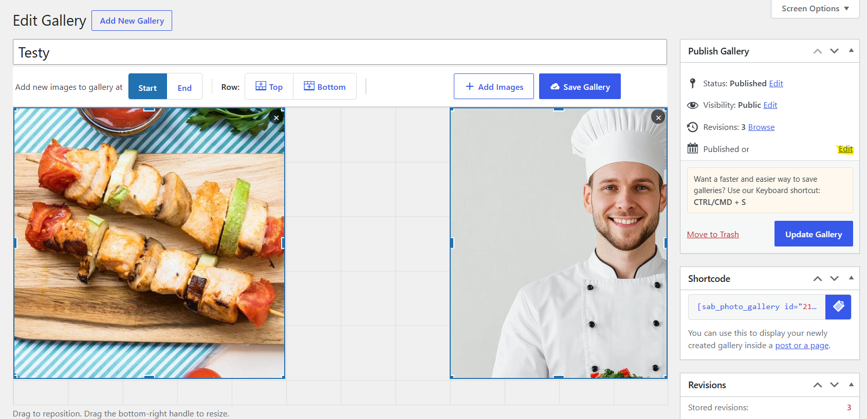 The drag-and-drop Custom Grid builder — reposition and resize images directly on the canvas.