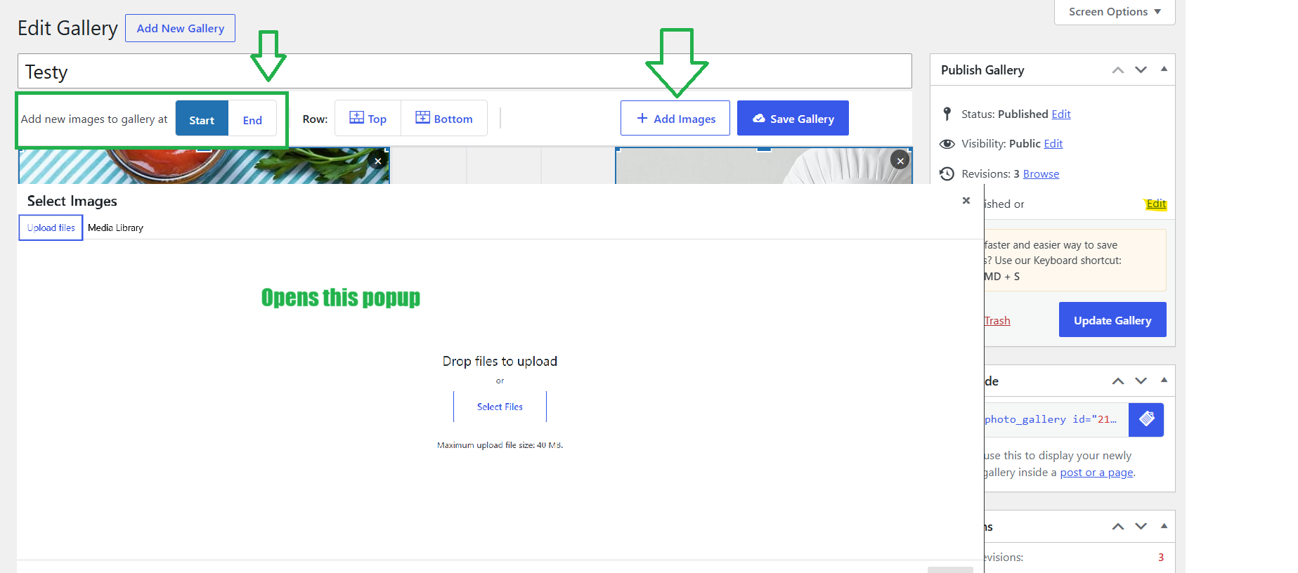 Add images in gallery at Start or End.