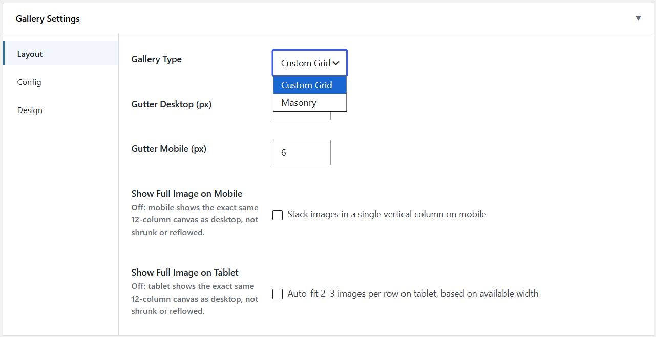 Gallery Settings : Layout Designs
