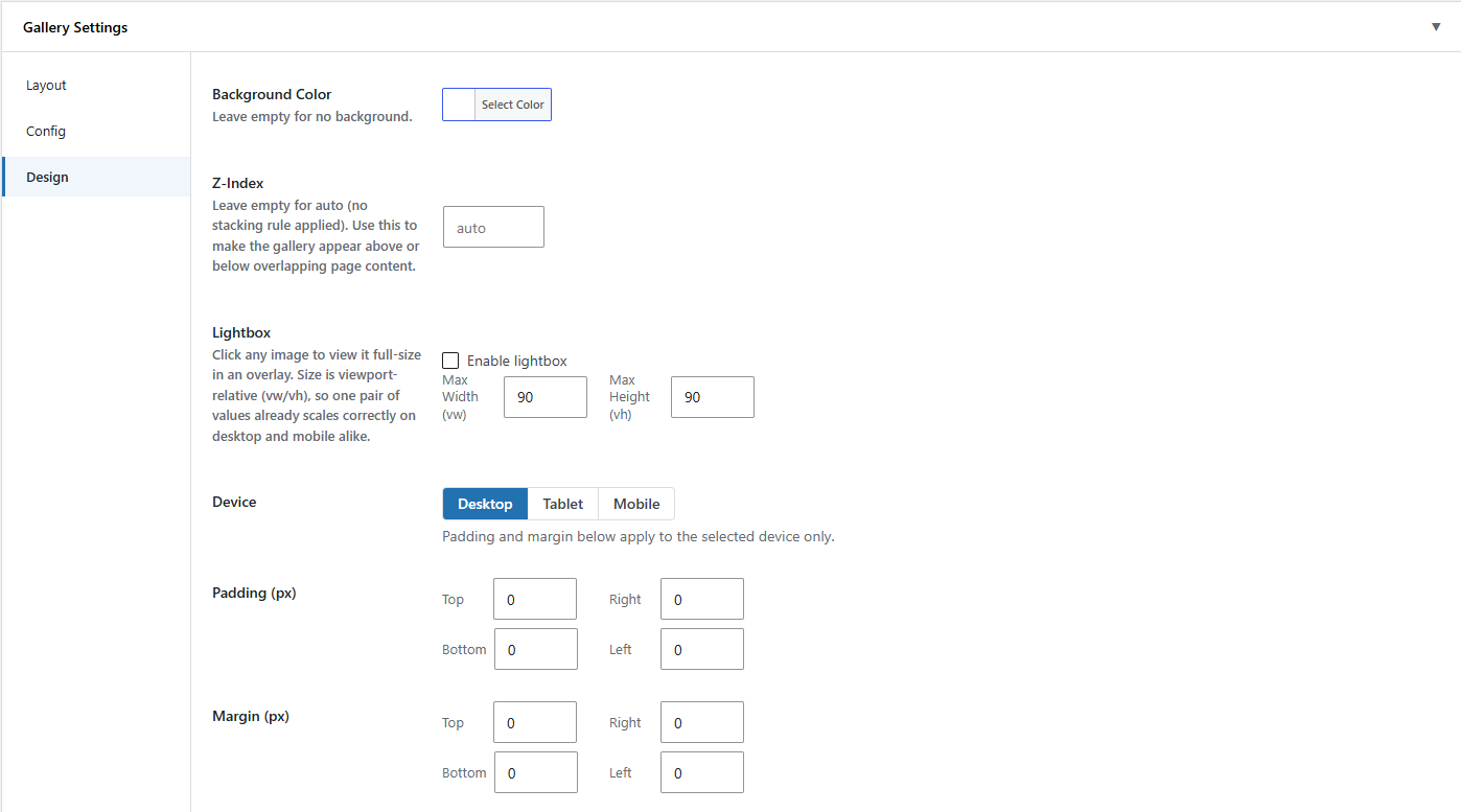 Gallery Settings : Design Controls