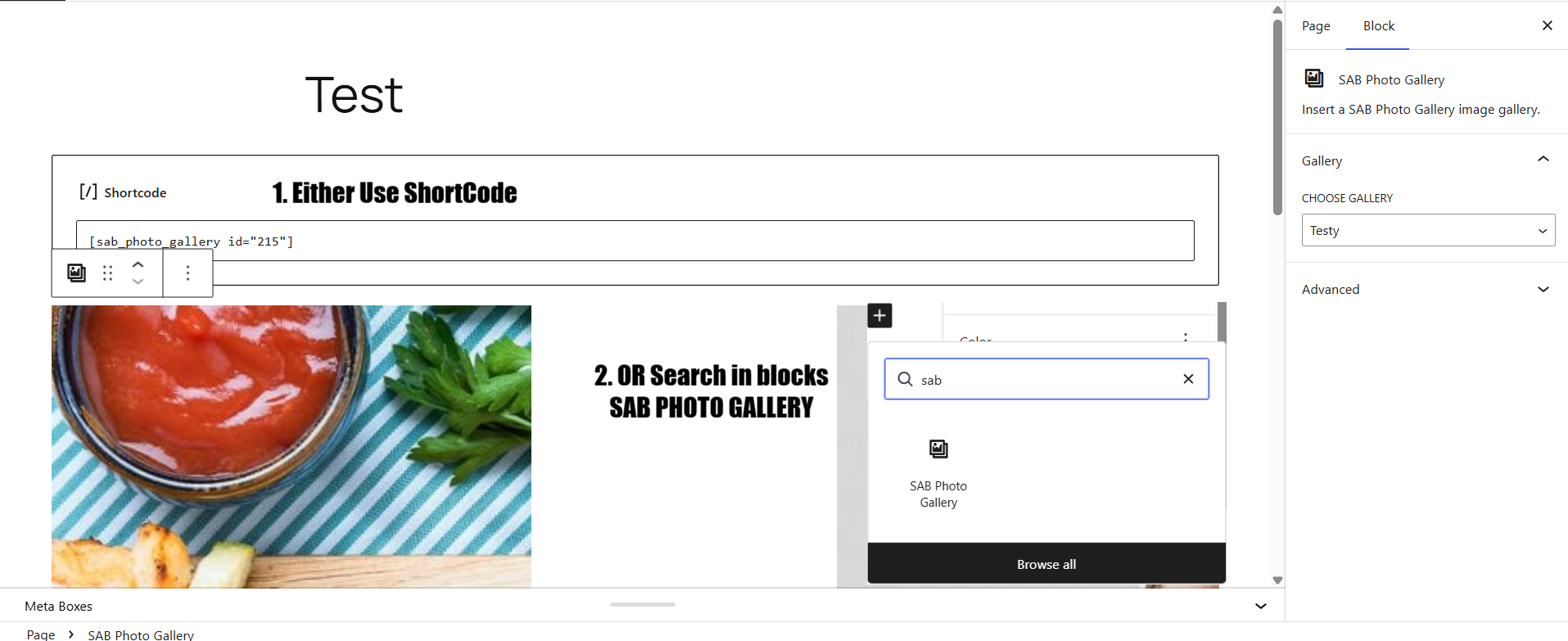 The SAB Photo Gallery block in the editor, with a live preview.