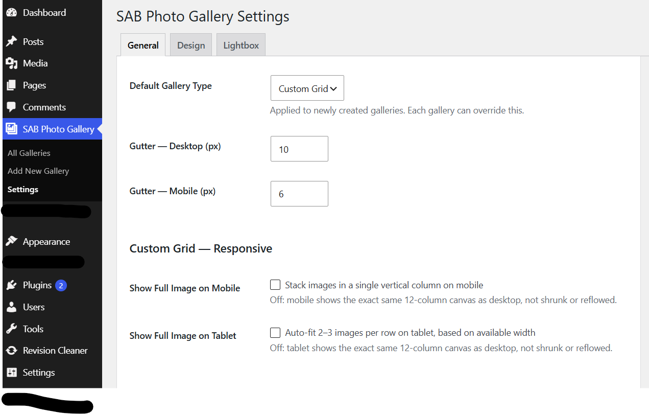 The General Settings screen with sitewide defaults.