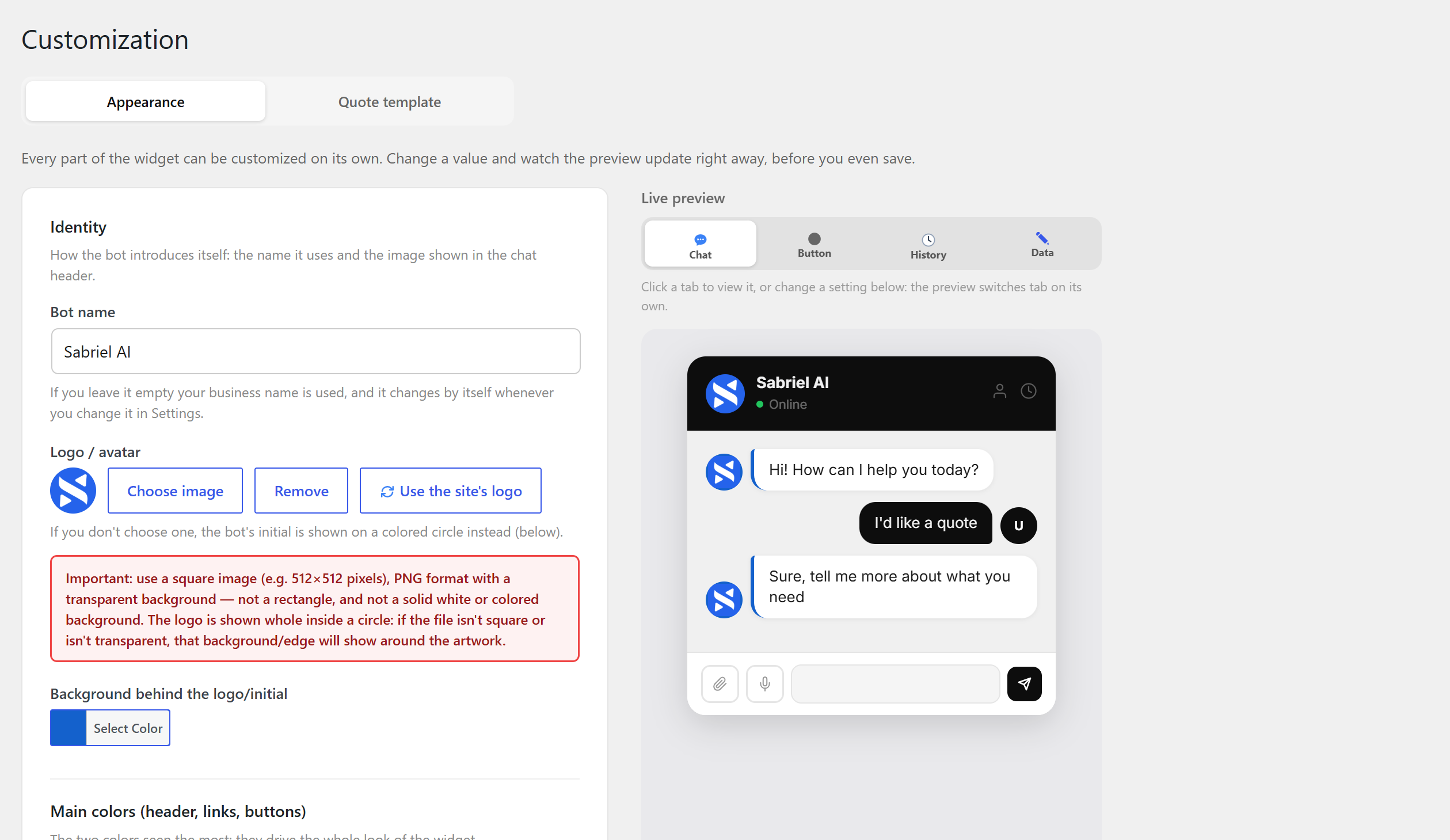 The customization page: logo, bot name and colours, with the live preview.