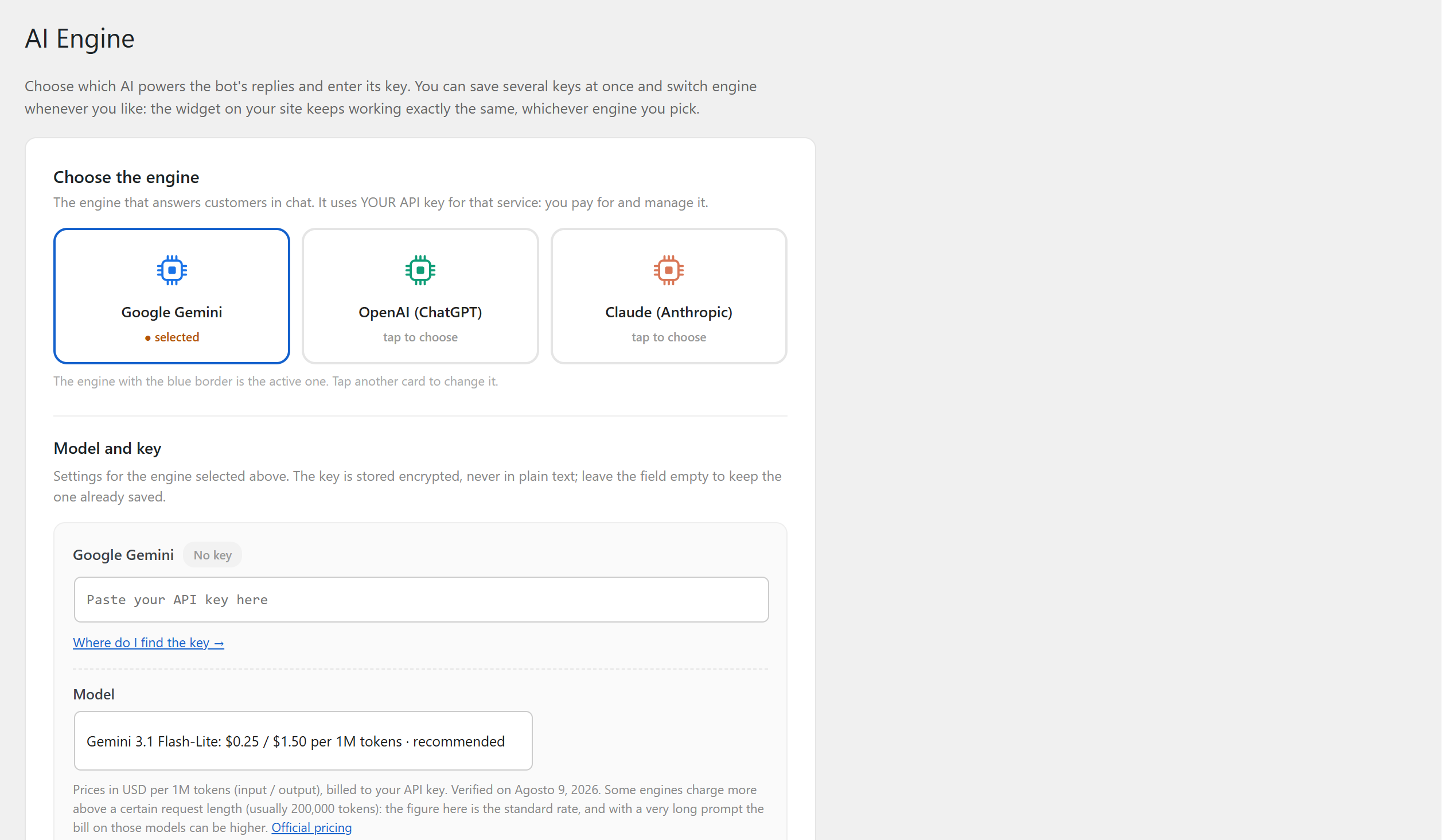 The AI engine page: three providers, your own key, and the price of every model.