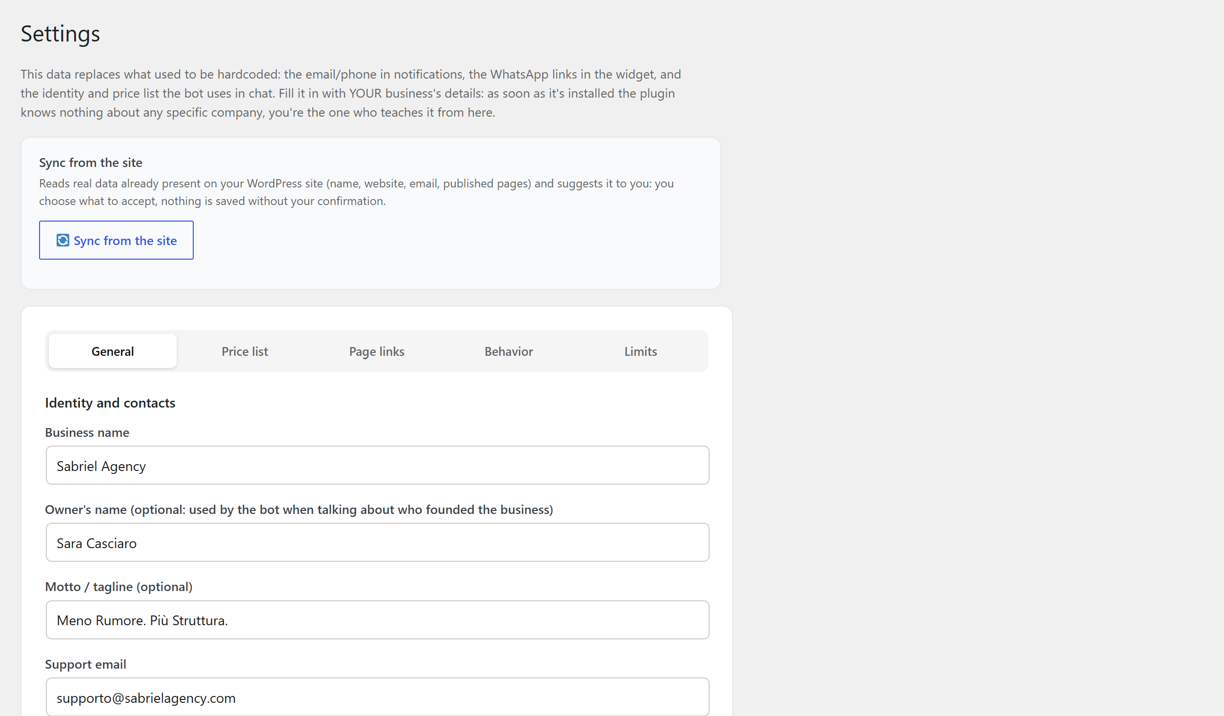 Settings: business details, price list and page links.