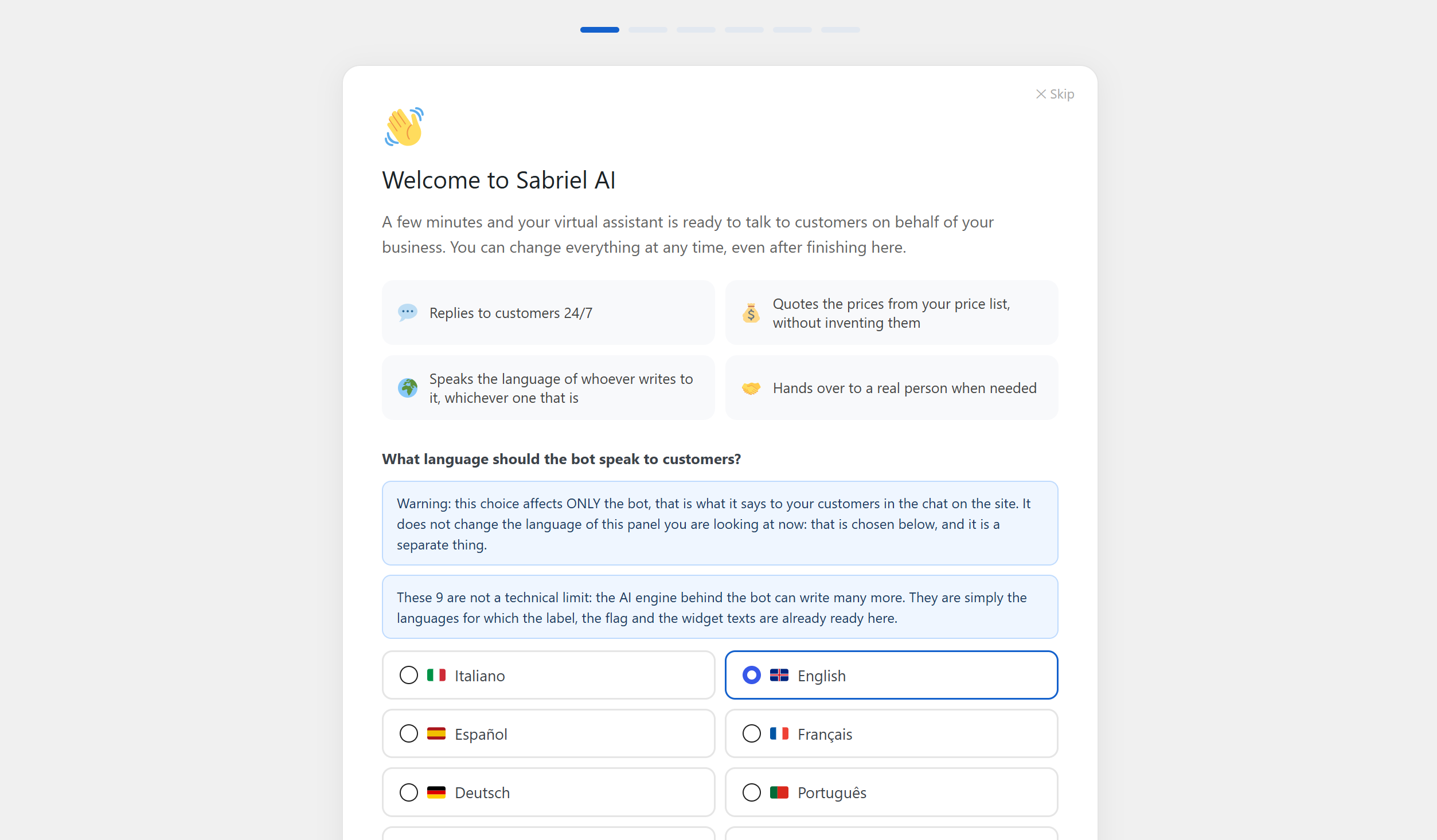 The setup wizard, which reads your homepage and suggests a tone of voice.