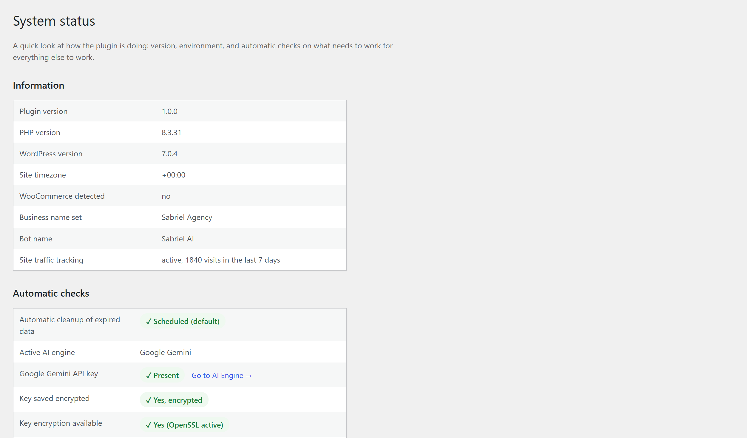 System status: what is configured, what is missing, and a real test for each.