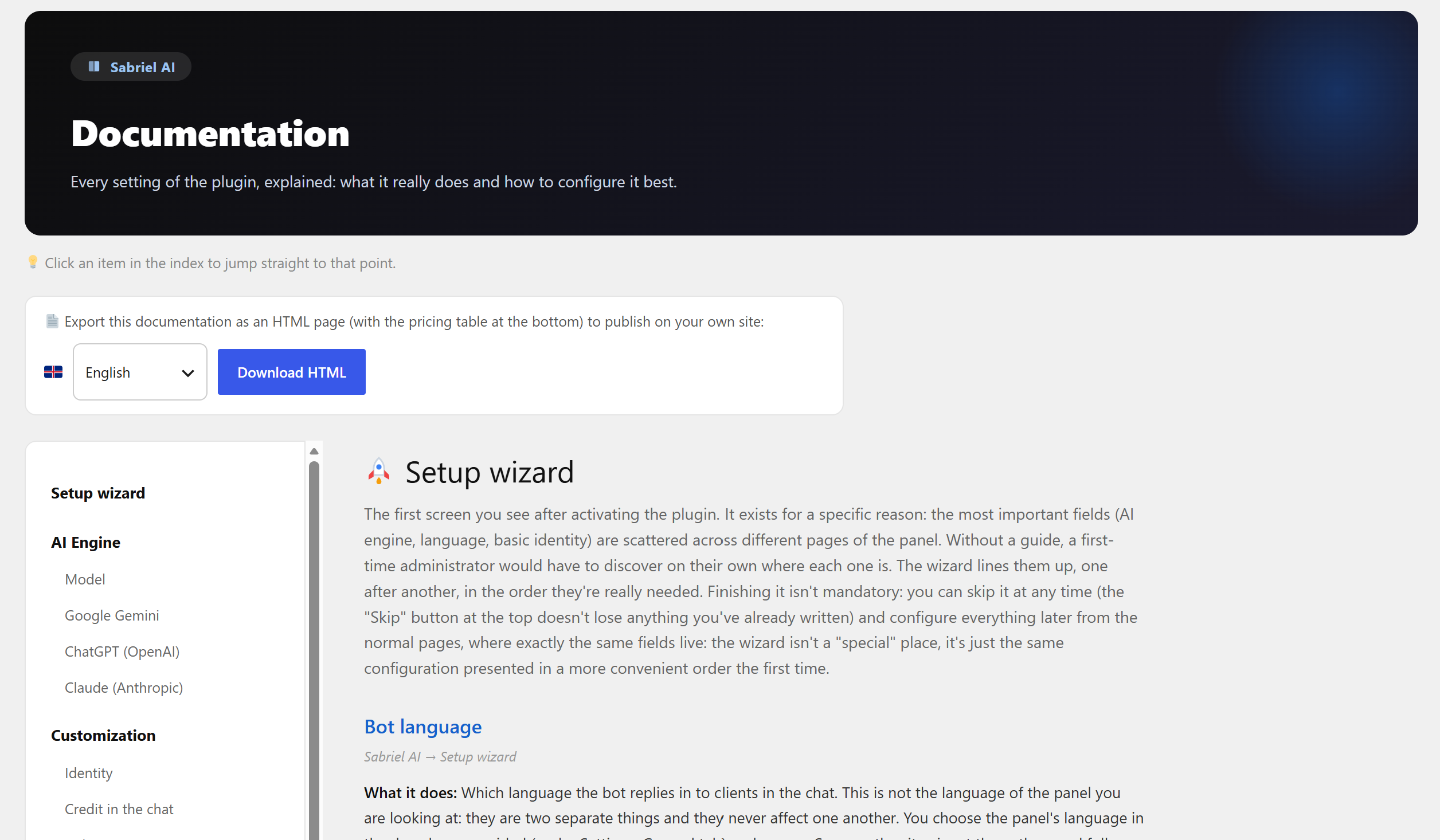 The documentation, built into the plugin and exportable as a single HTML file.