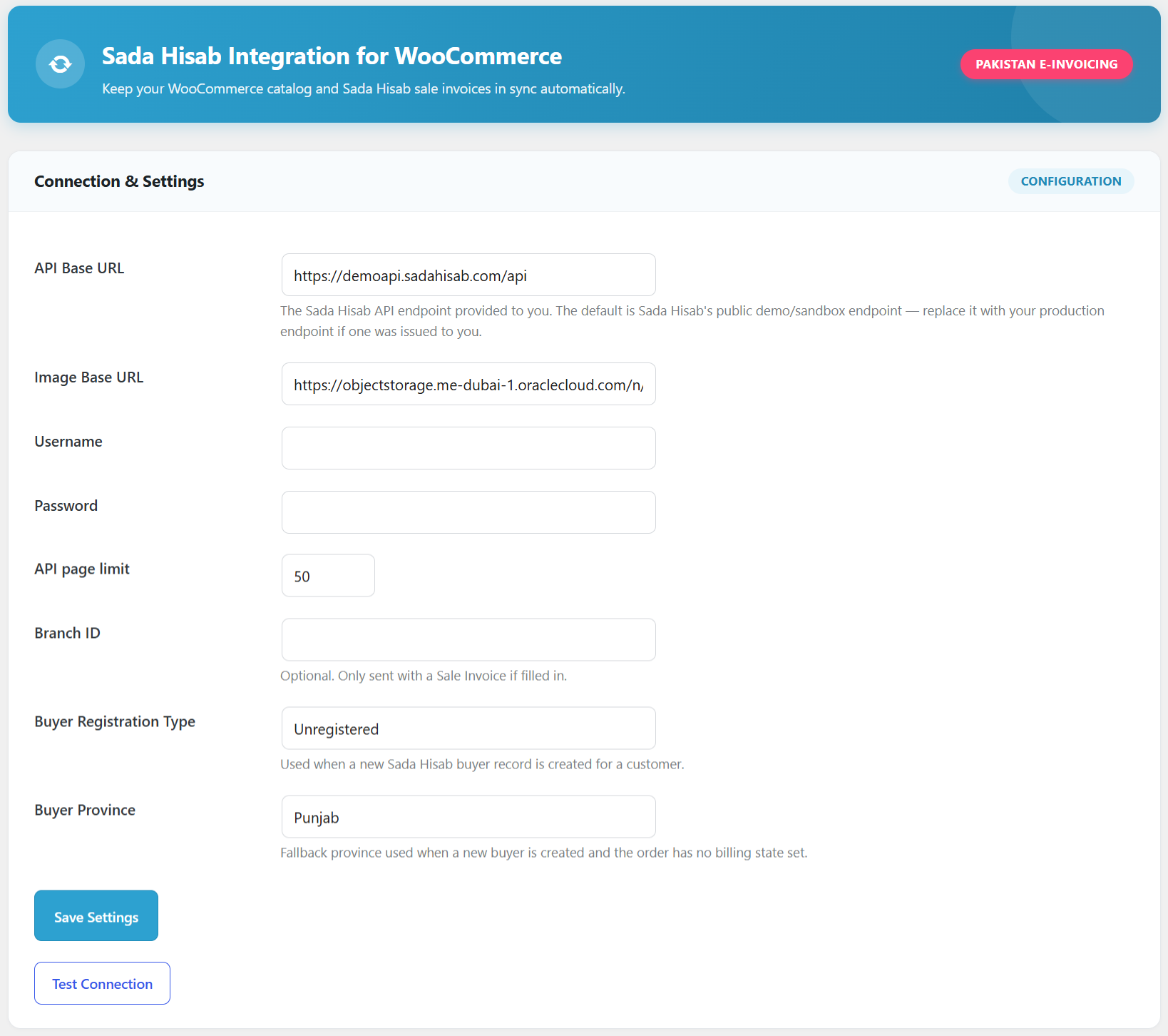 Connection & Settings: API endpoint, credentials, branch and buyer defaults, with a Test Connection button.