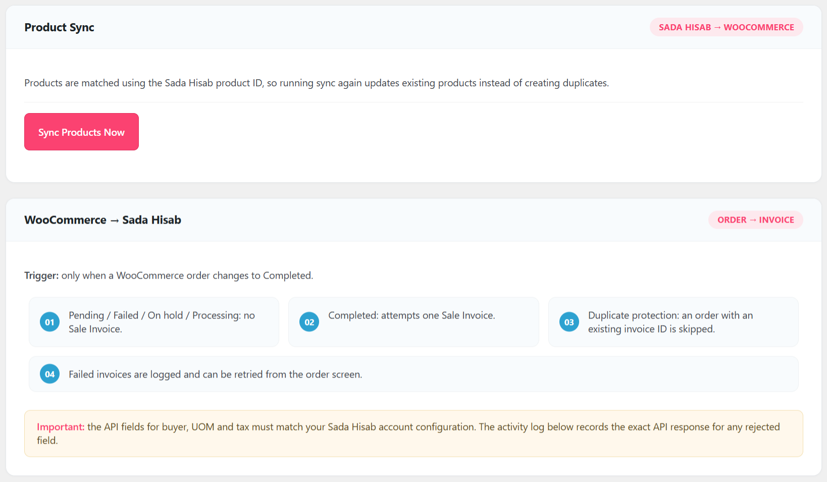 Product Sync and the order-to-invoice rules (invoices are only created when an order is marked Completed).