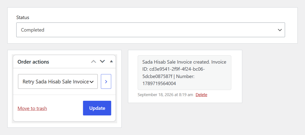 A Completed WooCommerce order, its order note with the created Sada Hisab Sale Invoice, and the "Retry Sada Hisab Sale Invoice" order action.