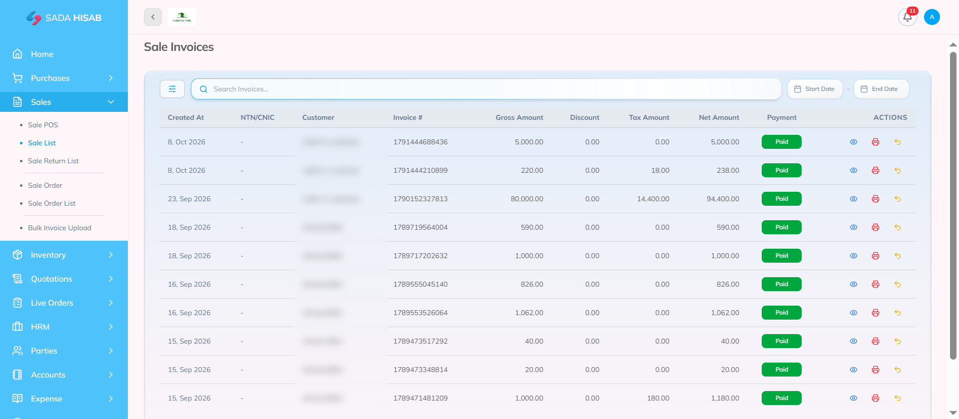 Sale Invoices listed in Sada Hisab after WooCommerce orders were completed.