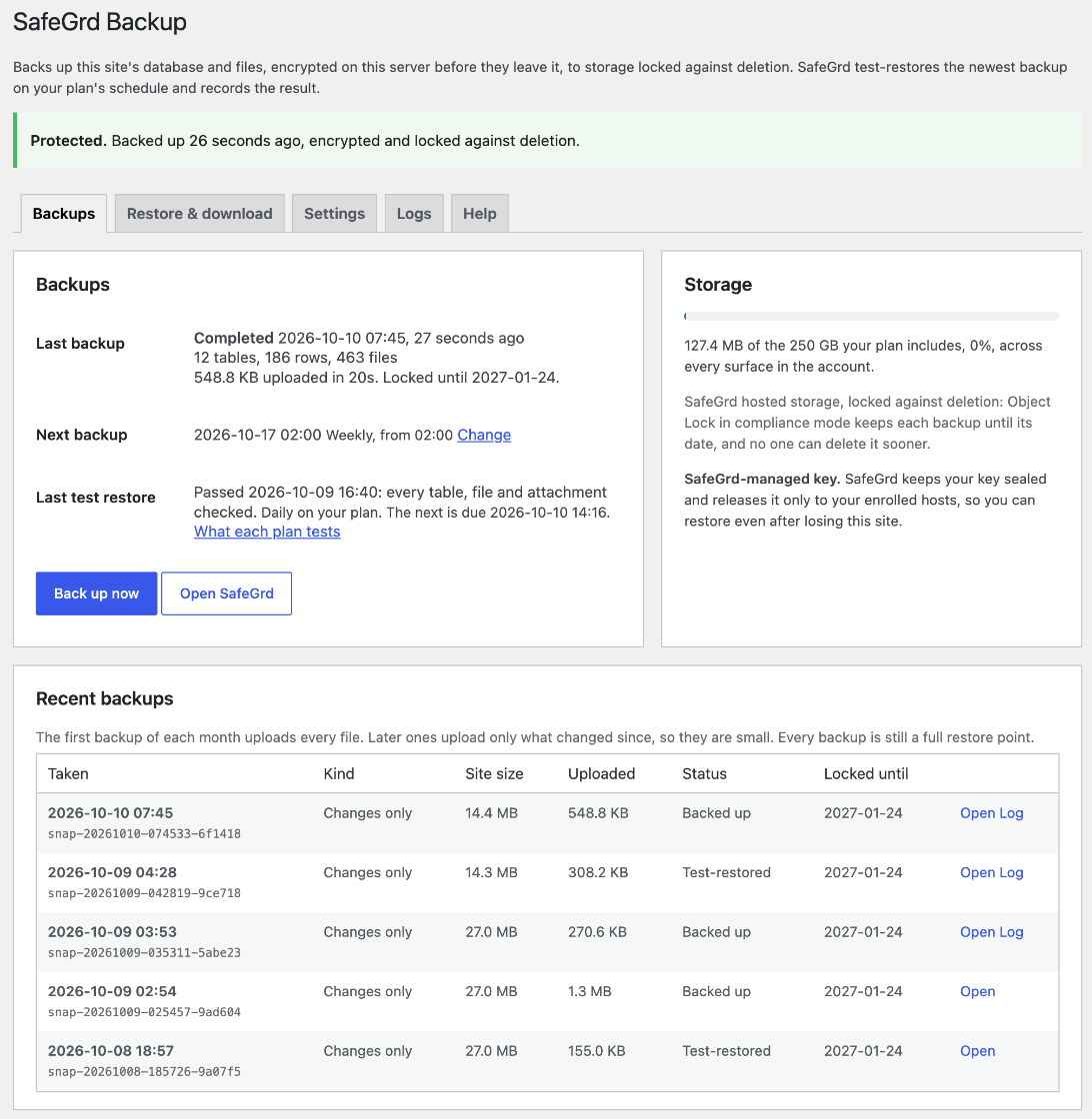 Tools > SafeGrd once connected: whether the site is protected, the last backup with its tables, rows, files and lock date, the next backup, the last test restore, storage used against the plan, and the recent backups, each with Open and its log.