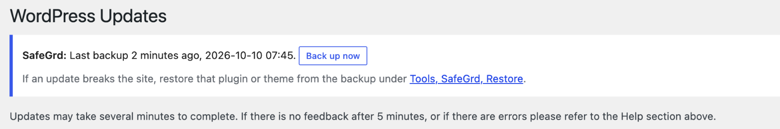 The Updates screen: how old the last backup is, with Back up now, and where to restore a plugin or theme if an update breaks the site.