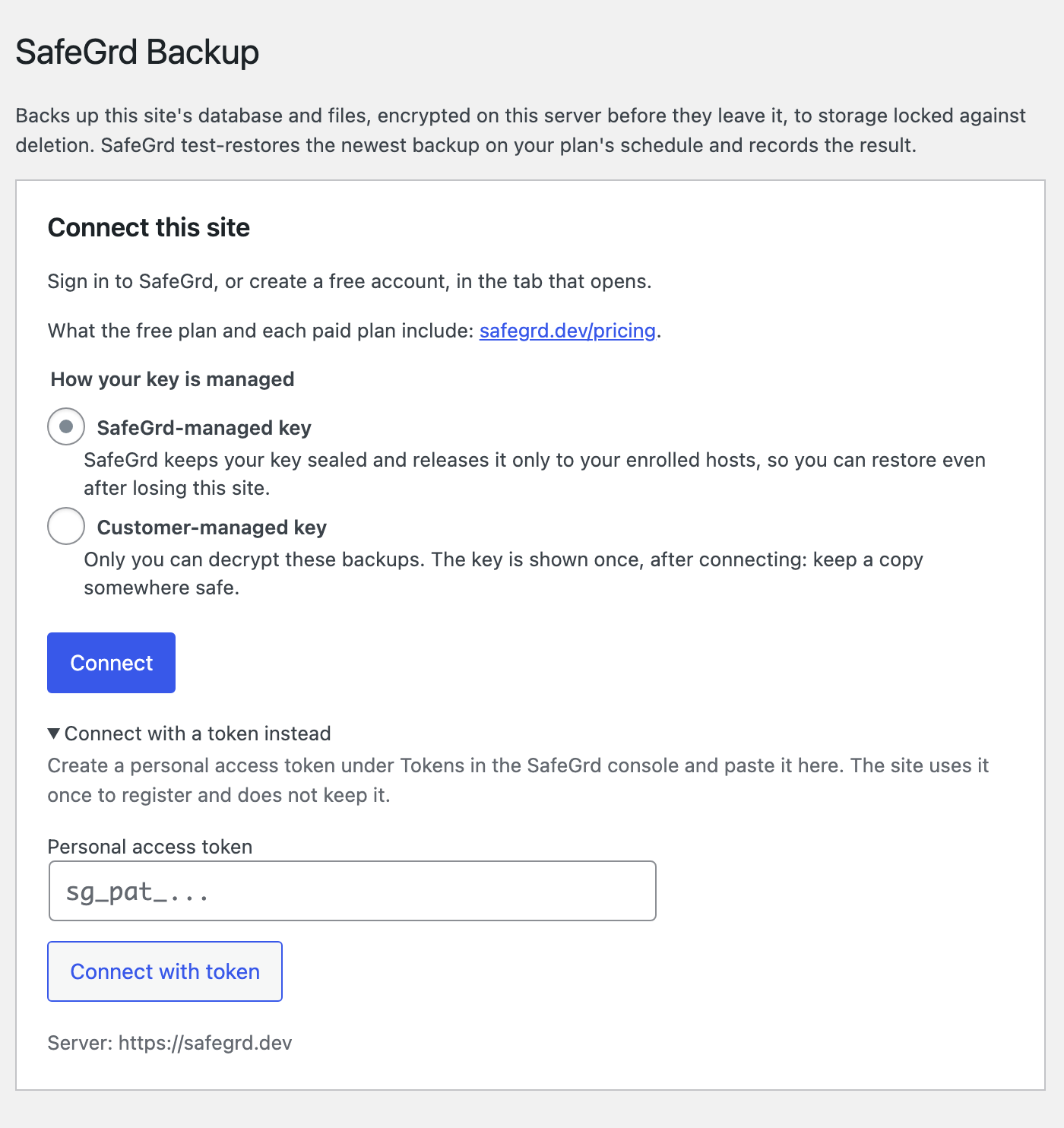 Connecting: choose how your key is managed, then press Connect, or connect with a personal access token instead.
