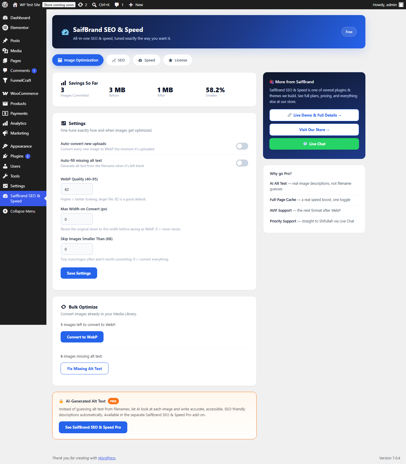 The main SaifBrand SEO & Speed dashboard showing image optimization stats and bulk-optimize tools.
