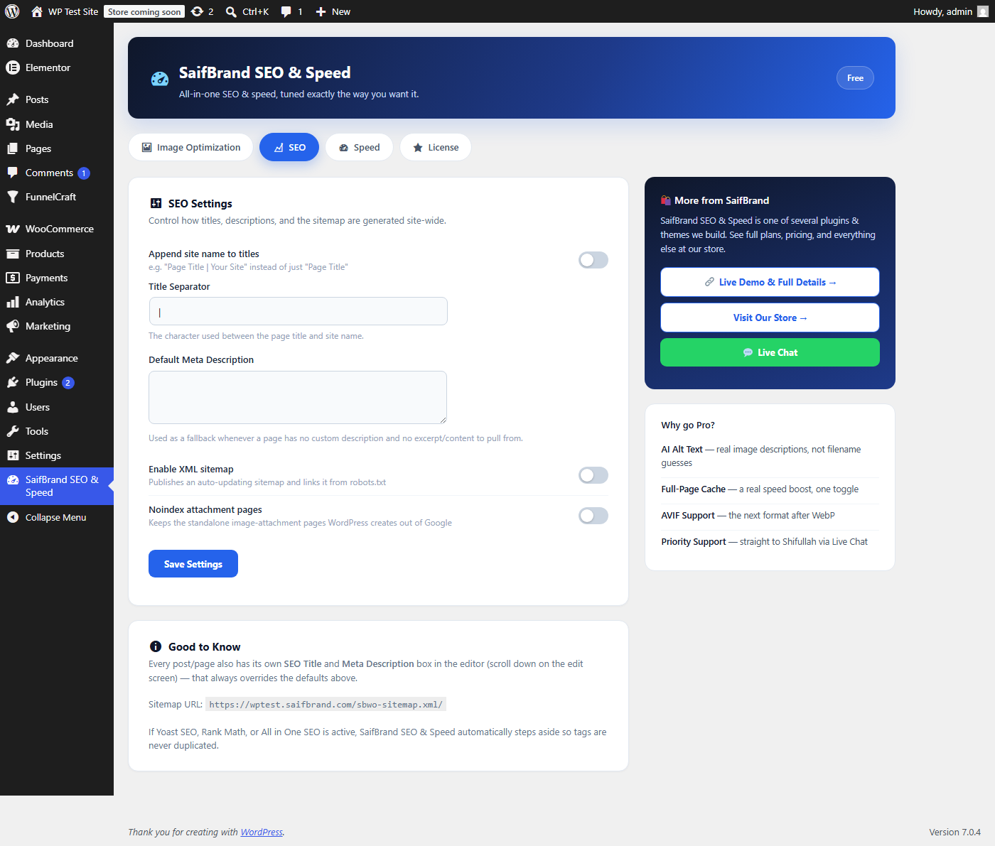 The SEO settings tab.