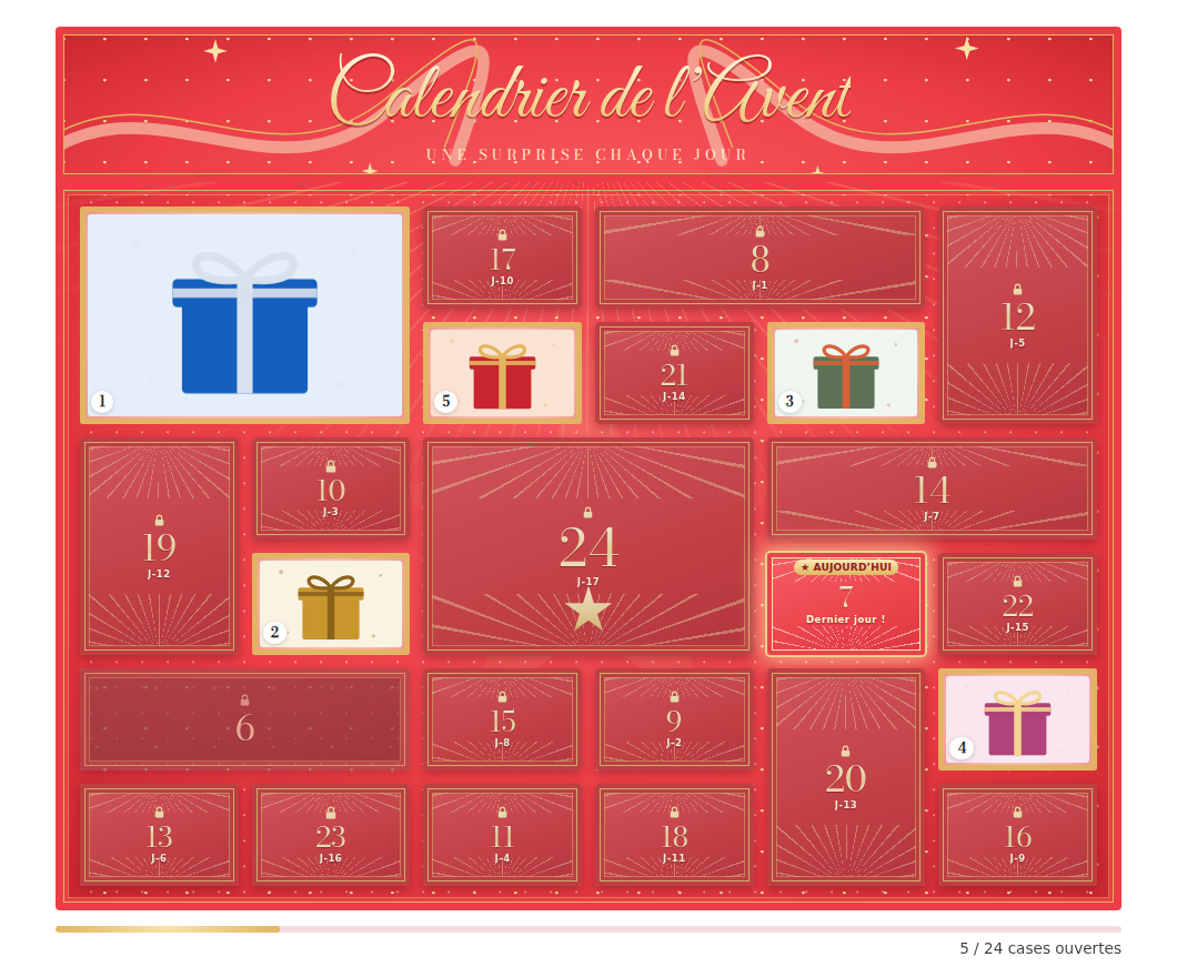 The Sparkle design: header with the calendar title, mosaic of doors (the 24th in the middle), today's door and opened doors showing their reward.