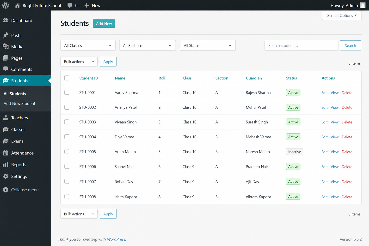 Student management list with search and filters